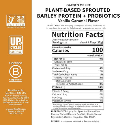 Garden of Life Plant-Based Sprouted Barley Protein, Vanilla Caramel with 21g Protein, 0g Sugar & Clean Ingredients, Upcycled Barley, Probiotics, Non-GMO, use in Shakes, Smoothies & Baking, 20 Servings