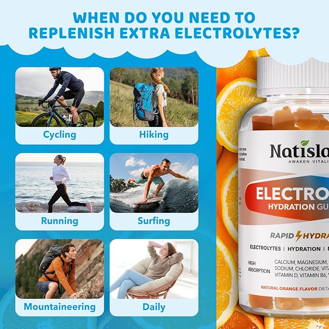 Electrolyte Gummies for Hydration, Hydration Gummies for Kids & Seniors Adults, with Potassium, Magnesium, Calcium, Sodium, Chloride for Runners and Endurance Sports, Orange Flavor, Vegan, 60 Chews