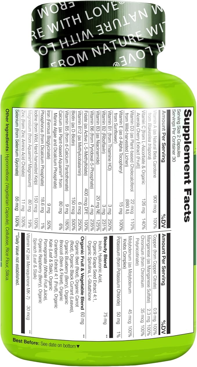 NATURELO Whole Food Multivitamin with Extra Hair, Skin and Nails Support - Beauty Blend with Hyaluronic Acid & Grape Seed - High Potency Biotin, Vitamin C, and Glutathione - 60 Vegan Capsules