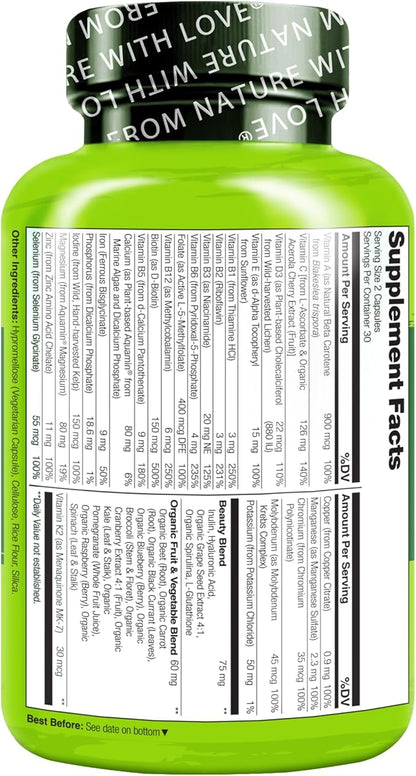 NATURELO Whole Food Multivitamin with Extra Hair, Skin & Nails Support - Beauty Blend with Hyaluronic Acid & Grape Seed - High Potency Biotin, Vitamin C, & Glutathione, 60 Vegan Capsules (Pack of 2)