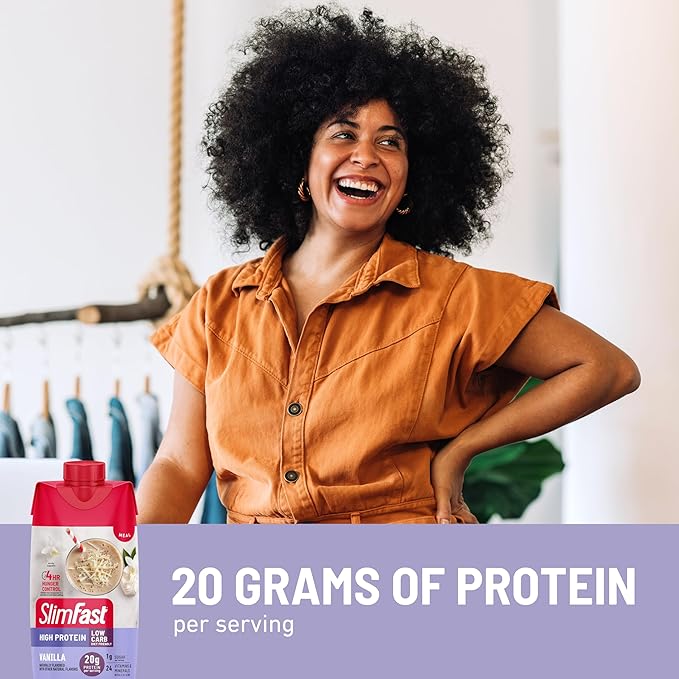 SlimFast Protein Shake, Vanilla- 20g Protein, Meal Replacement Shake Ready to Drink, High Protein with Low Carb and Low Sugar, 24 Vitamins and Minerals, 12 Count (Pack of 1) (Packaging May Vary)