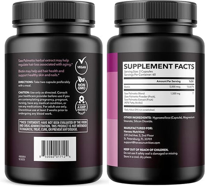 Saw Palmetto for Women with Biotin 5000mcg - Powerful DHT Blocker to Support Hair, Skin, and Nail Health - 120 Count - Vegan, Non-GMO Vitamin for Stronger, Fuller Looking Locks - 2 Month Supply