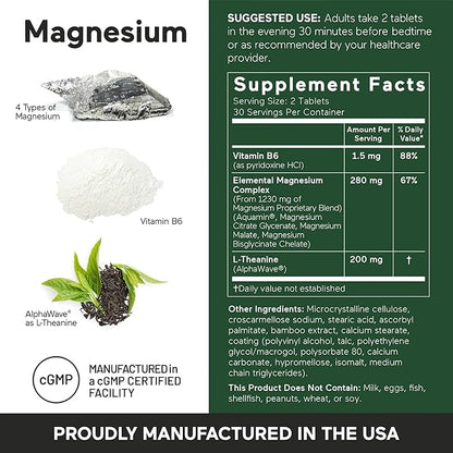 Smarter Nutrition Magnesium Complex - Chelated Magnesium Glycinate with Citrate, Malate and L-Theanine for Sleep, Muscle Relaxation and Stress Support - Non-GMO - 60 Tablets[30DaySupply]