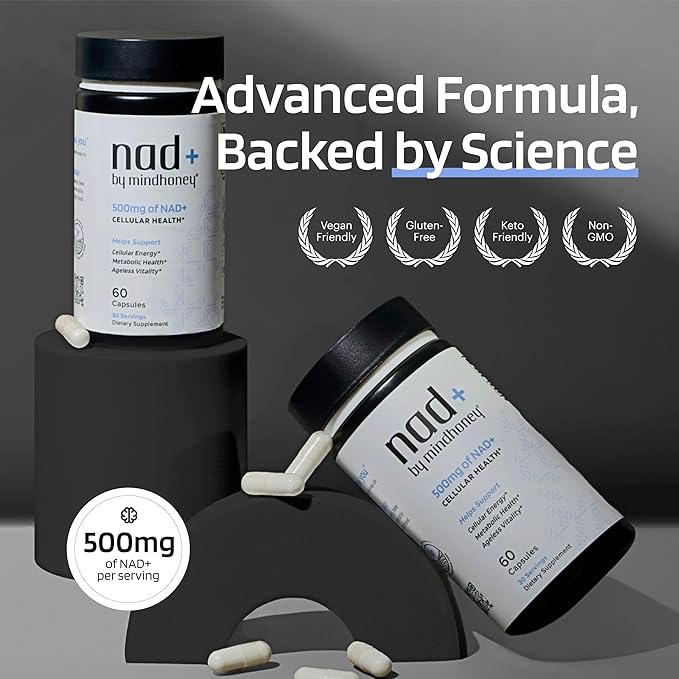 MINDHONEY | NAD+ Brain Supplement | 500mg NAD+ Premium Formula | Healthy Anti-Aging, Cellular Energy, Cognition, Metabolic Health, Heart + Muscle Support | Vegan, Non-GMO, Gluten-Free | 30 Servings
