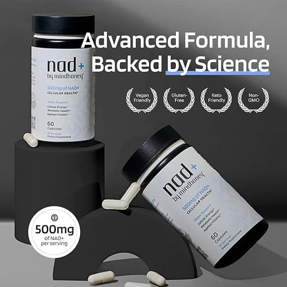 MINDHONEY | NAD+ Brain Supplement | 500mg NAD+ Premium Formula | Healthy Anti-Aging, Cellular Energy, Cognition, Metabolic Health, Heart + Muscle Support | Vegan, Non-GMO, Gluten-Free | 30 Servings