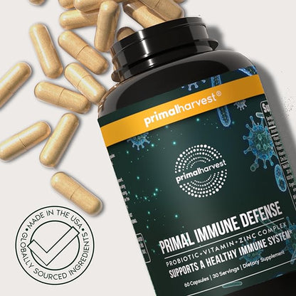 Primal Harvest Primal Immune Defense: 10-in-1 Immune Support with Probiotics, Zinc, Vitamins C, B6, D3 & K2, Immune Booster for Adults 60 Capsules (2-Pack)