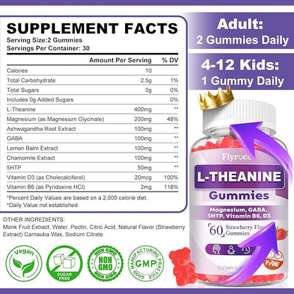 2 Pack L-Theanine Gummies, L Theanine Supplement for Adults & Kids, L'Theanine with Ashwagandha, Magnesium, 5HTP & GABA - Support Calm, Relax, zzZ, Focus, Vegan Strawberry Flavor, 120 Count