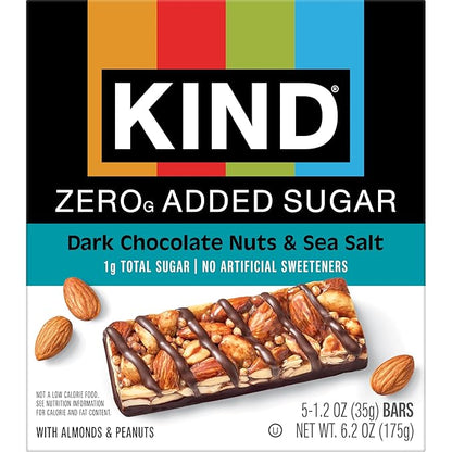 Kind Zero Added Sugar Healthy Snacks Bars, Dark Chocolate Nuts & Sea Salt, Gluten Free, High Fiber, Keto Snacks, 5g Protein, 5 Count