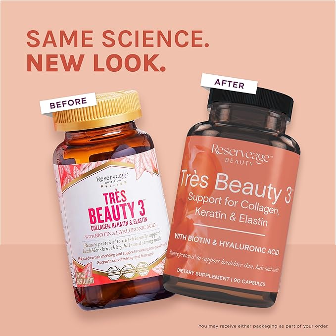 Reserveage Beauty - Tres Beauty 3 - Supplement for Hair Growth, Skin Care & Nail Care - Collagen Supplement with Keratin & Biotin - Gluten Free - 90 Capsules (30 Servings)