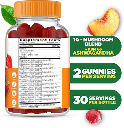 Lifeable Mushroom Gummies for Adults | 10 Mushroom Complex Blend with Ashwagandha KSM-66 | Vegan Kosher Non-GMO Mushroom Supplement Extract | Great Tasting Focus & Energy Support | 60 Gummies