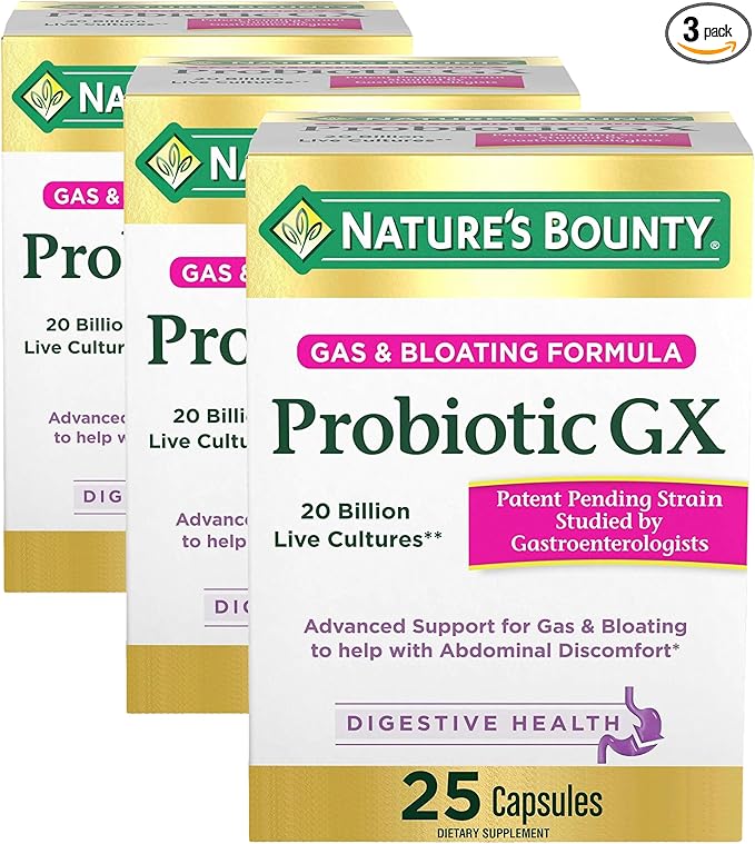 Nature's Bounty Probiotic GX, Helps with Occasional Gas and Bloating, Dietary Supplement, Digestive Health, 25 Capsules (Pack of 3)