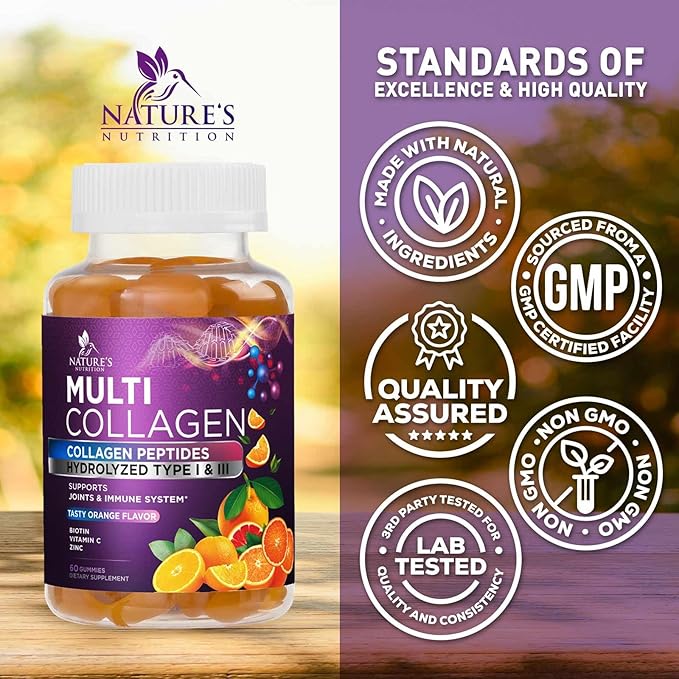Collagen Peptides Gummies with 2500mcg Biotin Per Serving - Hair Growth, Skin & Nails Supplement - Hydrolyzed Collagen Multi Type I & III, Vitamin C for Immune Support, Orange Flavor, 60 Gummies