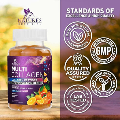 Collagen Peptides Gummies with 2500mcg Biotin Per Serving - Hair Growth, Skin & Nails Supplement - Hydrolyzed Collagen Multi Type I & III, Vitamin C for Immune Support, Orange Flavor, 60 Gummies