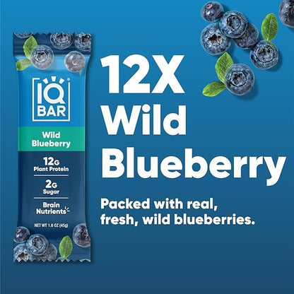 IQBAR Clean Plant Protein Bars - Wild Blueberry - 12 Count - Keto, Vegan, High Fiber, Gluten and Dairy Free, Low Sugar Snack - Brain and Body Nutrients for Focus, Energy, Meal Replacement