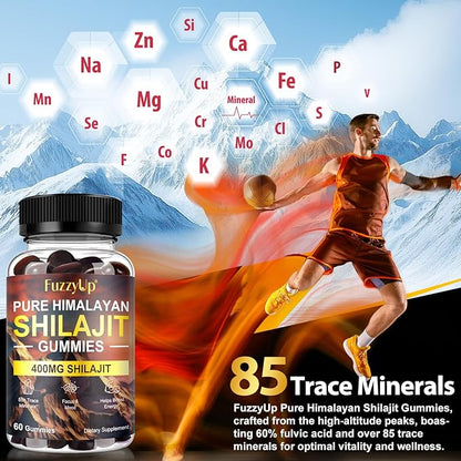 Shilajit Gummies, 60 Count, Himalayan Shilajit for Men and Women, Contain 85+ Trace Minerals, Non-GMO, Natural & Organic, Helps Boost Energy, Focus & Mood, Immune Support