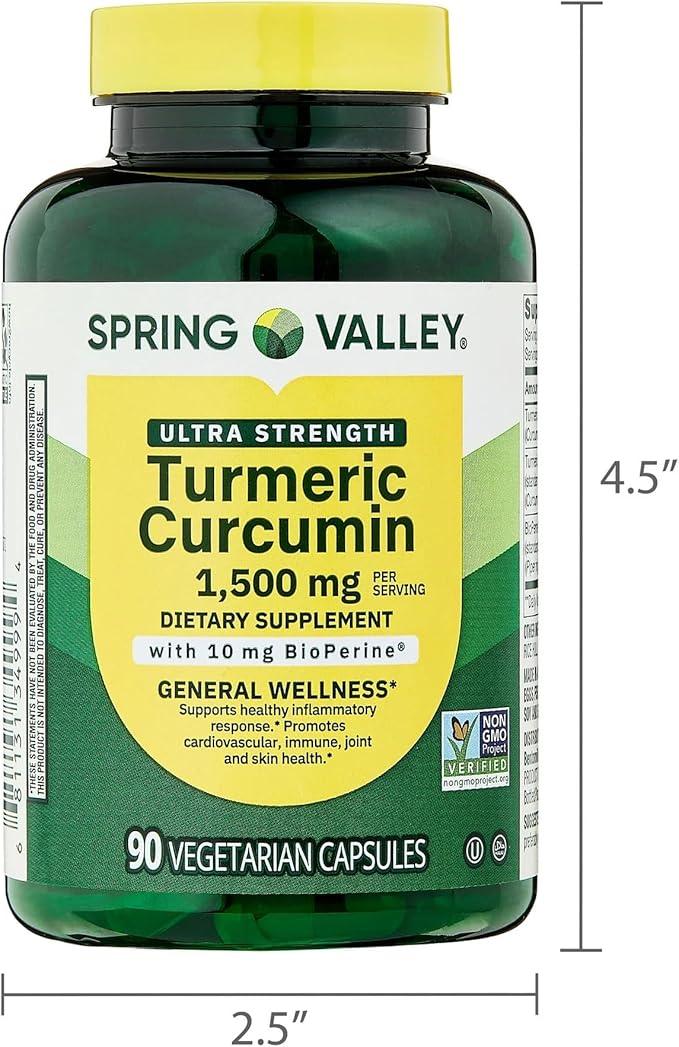 Spring Valley Turmeric Curcumin Supplement – Ultra Strength 1,500 mg, 90 Vegetarian Capsules, Supports Joint & General Wellness (Packaging May Vary)