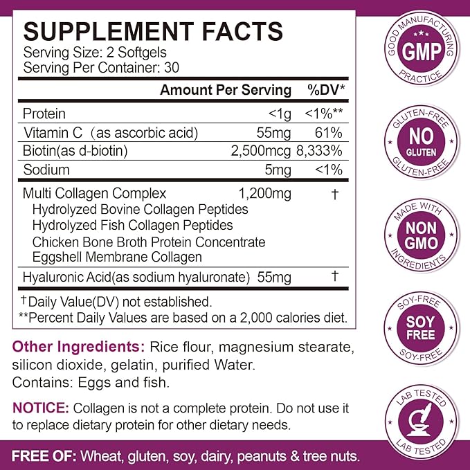Multi Collagen Peptides Softgel for Women & Men - Type I, II, III, V, X - Hydrolyzed Collagen Peptides with Biotin, Vitamin C & Hyaluronic Acid - Support Skin, Hair, Nail & Joint - Non-GMO, 60 Softgel