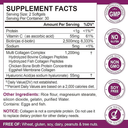 Multi Collagen Peptides Softgel for Women & Men - Type I, II, III, V, X - Hydrolyzed Collagen Peptides with Biotin, Vitamin C & Hyaluronic Acid - Support Skin, Hair, Nail & Joint - Non-GMO, 60 Softgel
