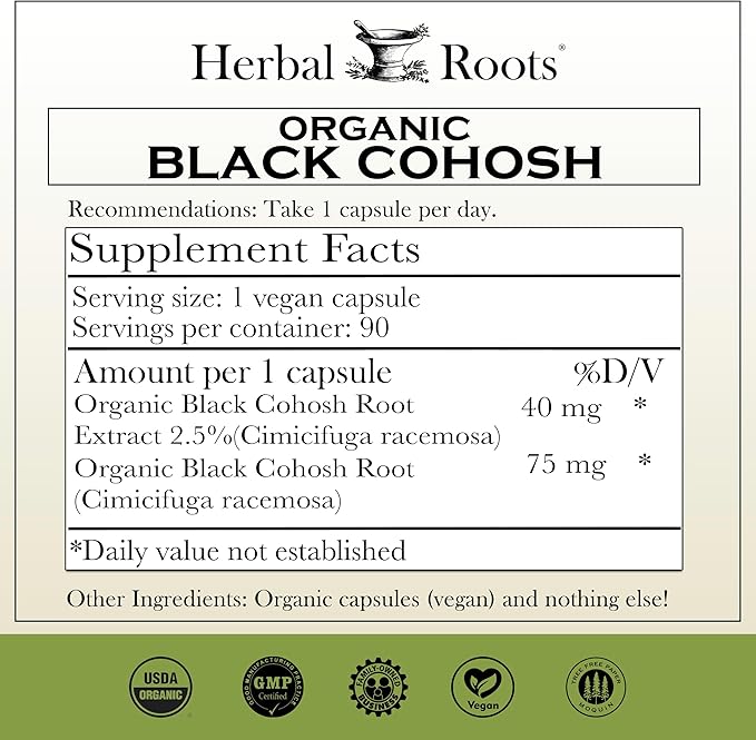 Herbal Roots Organic Black Cohosh Root | Extra Strength | Menopause and Menstrual Support for Women | 90 Capsules, Vegan