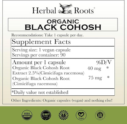 Herbal Roots Organic Black Cohosh Root | Extra Strength | Menopause and Menstrual Support for Women | 90 Capsules, Vegan