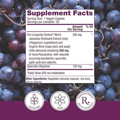 Reserveage Beauty Resveratrol 250 mg - Best Trans-Resveratrol - Vegan Antioxidant Supplement for Cellular & Heart Health - Aids Healthy Aging & Immune Health - 30 Vegetable Capsules (30 Servings)