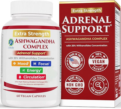 1 Body Adrenal Support Supplement – Ashwagandha Adrenal Complex for Stress, Energy & Mood – Adaptogens with Rhodiola, Eleuthero & B Vitamins – Adrenal Fatigue Support – 60 Vegan Capsules