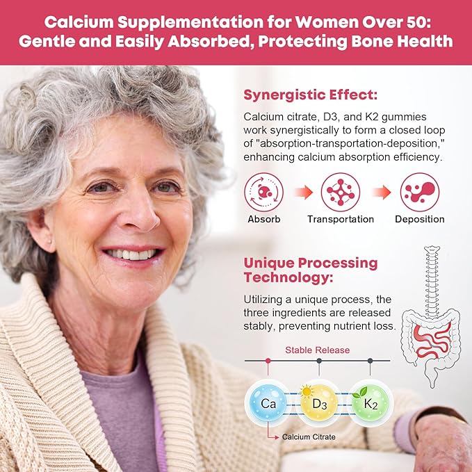 Calcium Citrate with Vitamin D3 Gummies for Women 50 Plus - Bones, Teeth, Immune Support, 1200mg Calcium Citrate Gummies with Vitamin D3 K2, Vegan, Sugar-Free, 60 Count