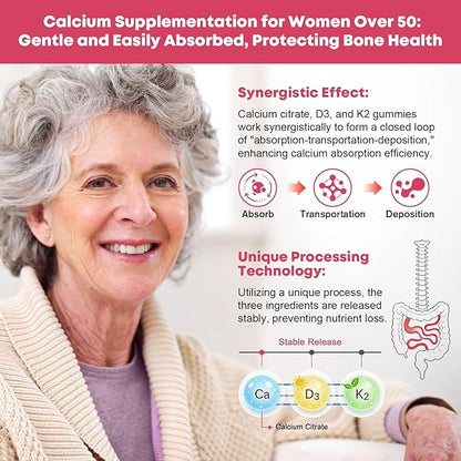 Calcium Citrate with Vitamin D3 Gummies for Women 50 Plus - Bones, Teeth, Immune Support, 1200mg Calcium Citrate Gummies with Vitamin D3 K2, Vegan, Sugar-Free, 60 Count