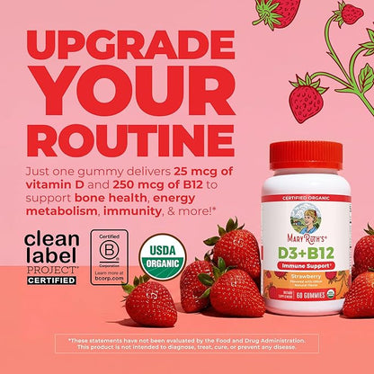 MARYRUTH'S Organic Vitamin D3 + B12 Gummies for Ages 4+ | Bone Health | Immune Support | Energy Metabolism | Cognitive Function | Vegan | Non-GMO | Gluten Free | 60 Servings | 2 Month Supply