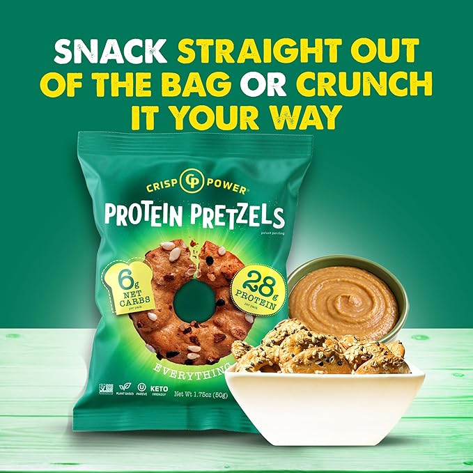 CRISP POWER Protein Pretzels, Everything, 28G Protein, High Protein Snack, High Fiber, Low Carb Crunchy Pretzel Snacks, No Added Sugar, 1.75 oz Bags, 6 Pack, Vegan, Keto
