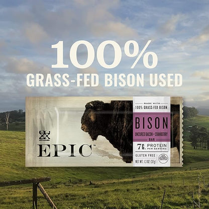 EPIC Bison Uncured Bacon and Cranberry Bars, Grass-Fed, Protein Bar, 12 Ct, 15.6 oz