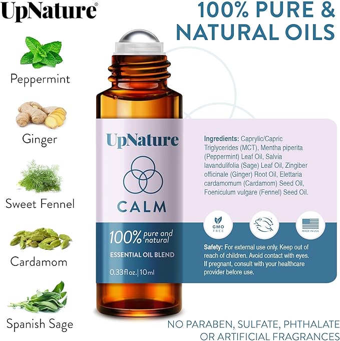 UpNature Calm Essential Oil Roll On - 100% Natural Aromatherapy Blend for Relaxation Relief - Self Care Gifts for Women Easter Basket Stuffers for Teens