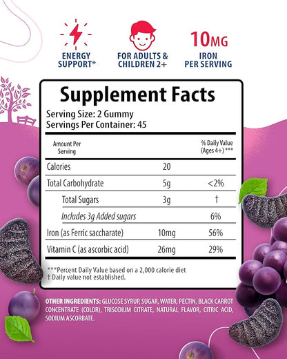 SUNNY SAM Iron Gummies for Kids & Adults - Iron Vitamins with Vitamin C, 10mg per Serving - Chewable Fruit Gummy for Immune Support Red Blood Cell Production