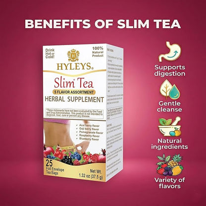 HYLEYS Slim Tea 5 Flavor Assortment - Weight Loss Herbal Supplement Cleanse and Detox - 25 Tea Bags (12 Pack) - Assorted Tea Variety Pack