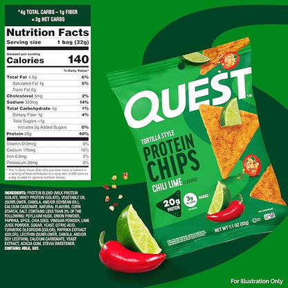 Quest Nutrition Chili Lime Tortilla Style Protein Chips, 20g Protein, 3g Net Carbs, Low Carb, Gluten Free, 1.1 oz (Pack of 4)