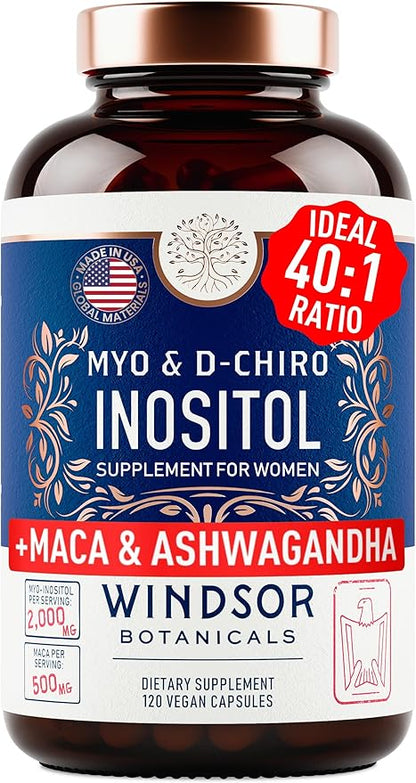 Myo-Inositol & D-Chiro Inositol 40:1 Ratio 2,000 mg - PCOS Supplements with Maca Root & Ashwagandha - Ovarian Health Support Vitamins - Hormone & Fertility Supplements for Women - 120 Vegan Caps