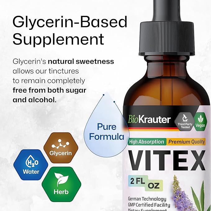 BIO KRAUTER Vitex Chasteberry Supplement for Women & Menopause Support* - 2 Fl.Oz 28 Days of Supply - Pure Vegan Vitex Berry Tincture - Alcohol & Sugar Free, Non-GMO - Relaxation & Women's Wellness