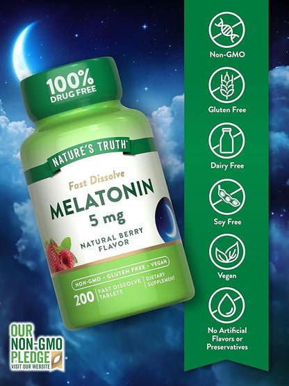 Nature's Truth Melatonin 5mg Fast Dissolve Tablets | 200 Count | Natural Berry Flavor | Vegan, Non-GMO & Gluten Free Supplement