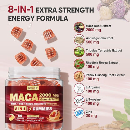 Maca Root Filled Gummies 2000mg for Women Men | Sugar Free | Organic Black, Red, Yellow Maca Root Supplement Gummy Chews with Ashwagandha Ginseng & Zinc | Vegan, Non-GMO, Grapefruit Flavor, 60 Count