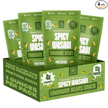 Where You Bean Edamame Beans Snack (Spicy Wasabi) - Crunchy and Dry Roasted Edamame Beans - High Protein Snacks, Keto and Vegan Healthy Snacks for Adults & Low Carb Asian Snack 3 oz (Pack of 4)