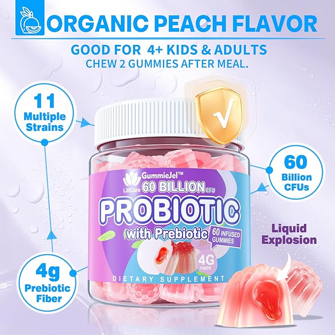 Probiotic Gummies for Women Men, 60 Billion CFU Probiotics + Prebiotics Gummy Sugar Free, 11 Strains for Digestive Health, Supports Constipation, Diarrhea, Gas & Bloating - Peach Flavor, Vegan, 120ct