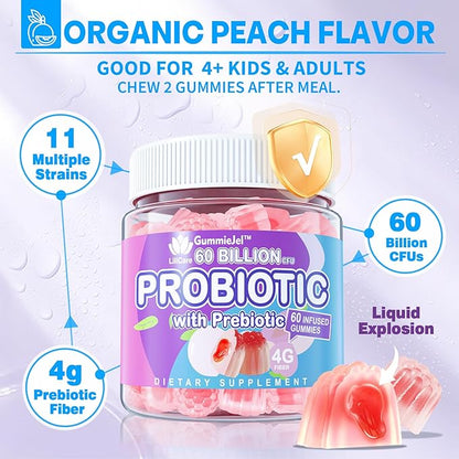 Probiotic Gummies for Women Men, 60 Billion CFU Probiotics + Prebiotics Gummy Sugar Free, 11 Strains for Digestive Health, Supports Constipation, Diarrhea, Gas & Bloating - Peach Flavor, Vegan, 120ct