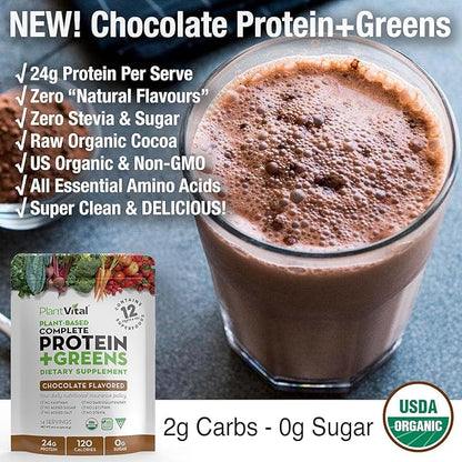 Plantvital Vegan Protein Powder Plant Based, Organic Protein Powder Chocolate 24g/0g Sugar, 12 Superfoods, Veggies, Probiotics, Raw Cocoa, Kale, Beets, Spirulina, Pea, Gluten-Free, Keto-Friendly,32oz