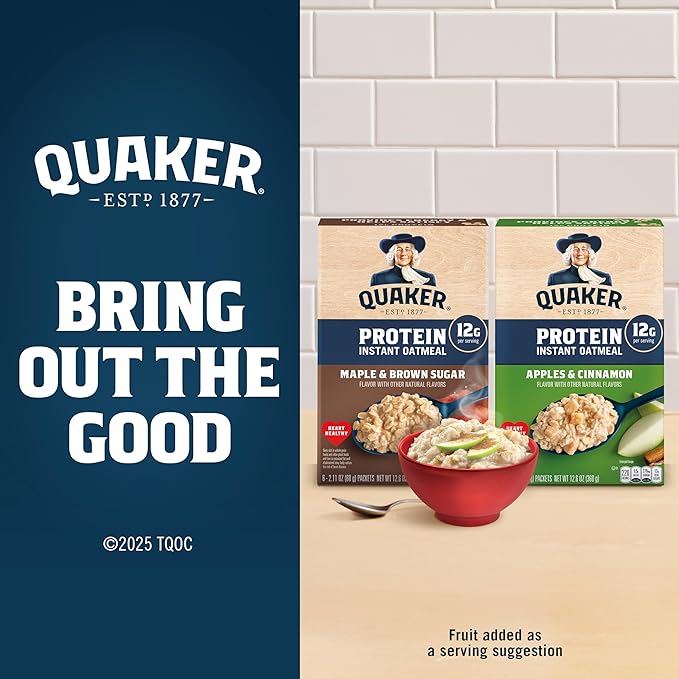 Quaker Protein Instant Oatmeal, Apple Cinnamon, 12g Protein per Serving, Whole Grains, No Artificial Flavors, No Added Colors, 2.11 oz Packets, (6 Pack)