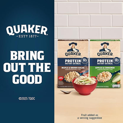 Quaker Protein Instant Oatmeal, Apple Cinnamon, 12g Protein per Serving, Whole Grains, No Artificial Flavors, No Added Colors, 2.11 oz Packets, (6 Pack)