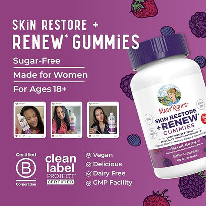 MaryRuth's Skin Restore + Renew Gummies With Hyaluronic Acid | Skin Hydration | Clinically Shown in Women to Reduce Fine Wrinkles & Improve Skin Firmness | Vegan Collagen Production | 60 Gummies