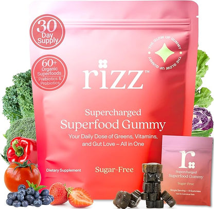 Rizz Sugar-Free Green Gummies - 60+ Superfoods 6g Fiber - Prebiotic and Probiotic Gummies - Vegan Multivitamins for Women & Men - Gluten Free - Mushroom, Fruit and Vegetable Supplements -30 Day Supply