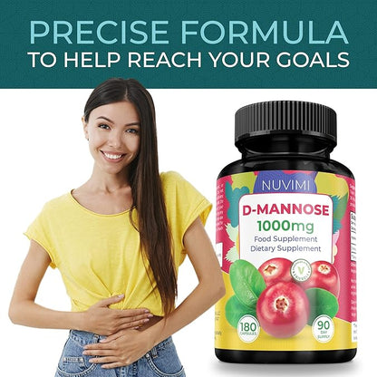 D Mannose 180 Capsules - 1000 mg per Dose - Dietary Supplement Helps Promote Urinary Tract Health - Natural Vegan UTI Defense
