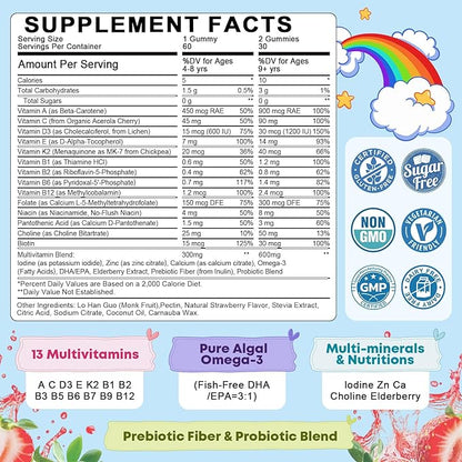 Kids Multivitamin Gummies with Omega-3 (Dha+Epa), Methylated B12 & Folate, B6, B2 & Elderberry, Vitamin D3, C, A, E, Zinc, Postbiotics, Choline | for Brain, Eye & Immune, Clean, Sugar Free, 60 Cts