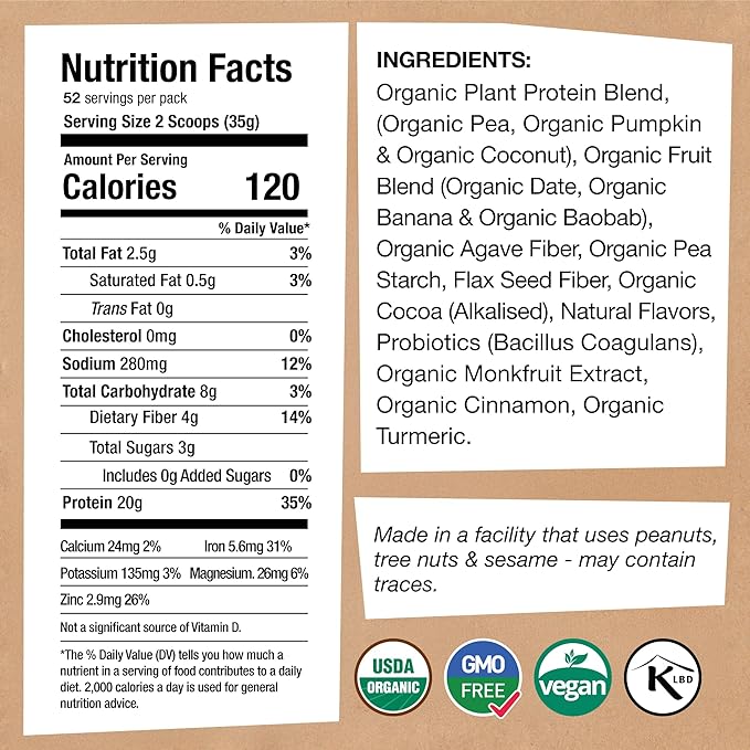 EarthChimp Organic Vegan Protein Powder - with Probiotics - Non GMO, Dairy Free, Non Whey, Plant Based Protein Powder for Women and Men, Gluten Free - 52 Servings 64 Oz (Vanilla) No Scoop